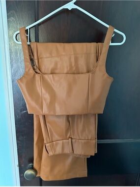 Meshki - Tan Faux Leather Crop Top & Pants Set
